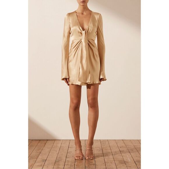 Free People - FELICITY PLUNGED TIE FRONT MINI DRESS - PORCINI by Shona Joy size - Picture 3 of 16